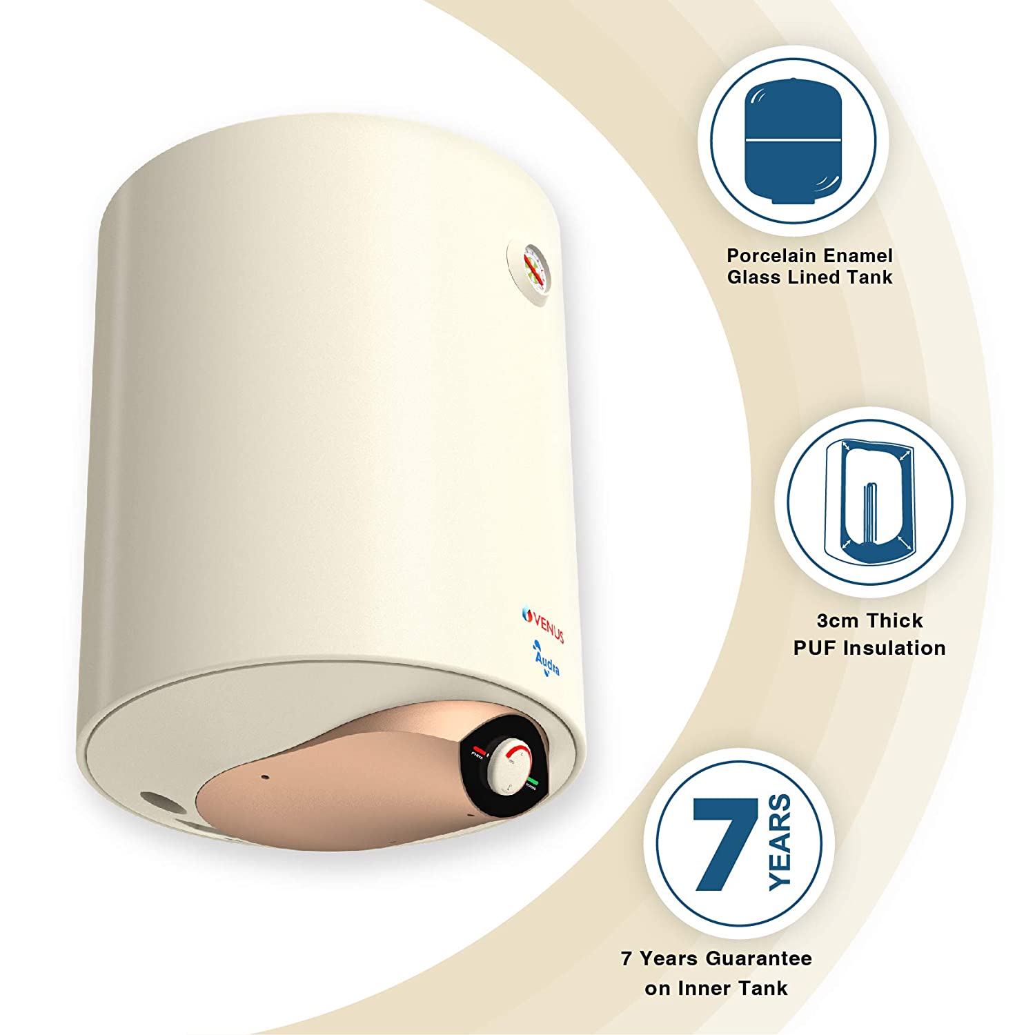 Venus Audra 15AV 15-Litre (Ivory) Water Heater, Porcelain Enamelled Glass Lined Tank, BEE Star Rating - 5 Stars:ISI, Free Flexible Hose