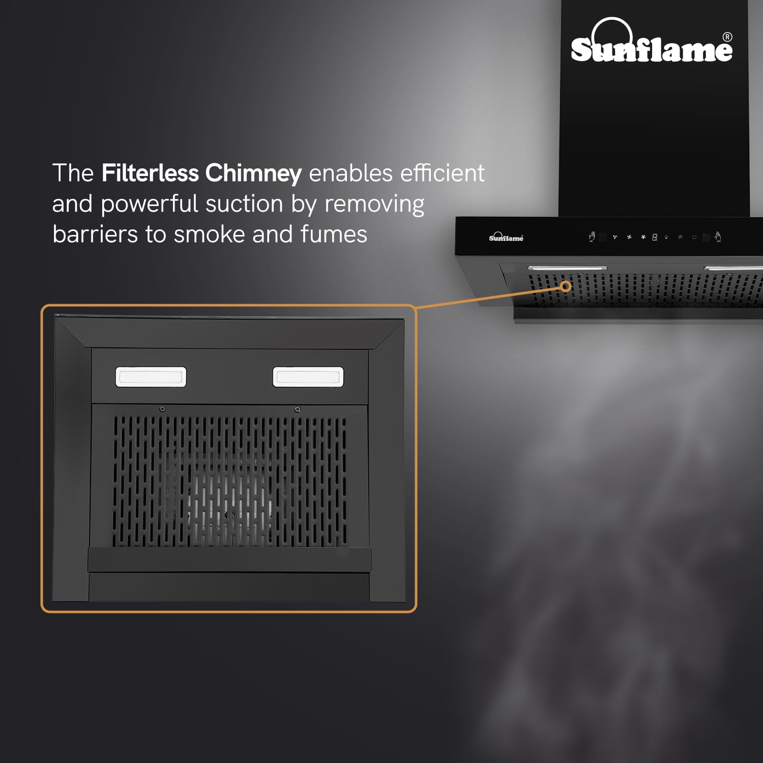 Sunflame Glanza High Efficiency Filterless 60cm Chimney | 1250 m³/h Suction Capacity | 1-Year Product and 5-Year Motor coverage | Heat Auto-Clean | Touch Panel and Gesture Control