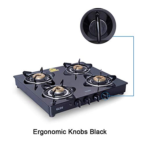 Glen 4 Burner LPG 6mm Thick Toughened Glass Top Gas Stove|Brass Burner|ISI Certified|Auto Ignition|Black|Drip Trays|Revolving Inlet Nozzle|2 Year Warranty On Product|CT4B55BLBBAI