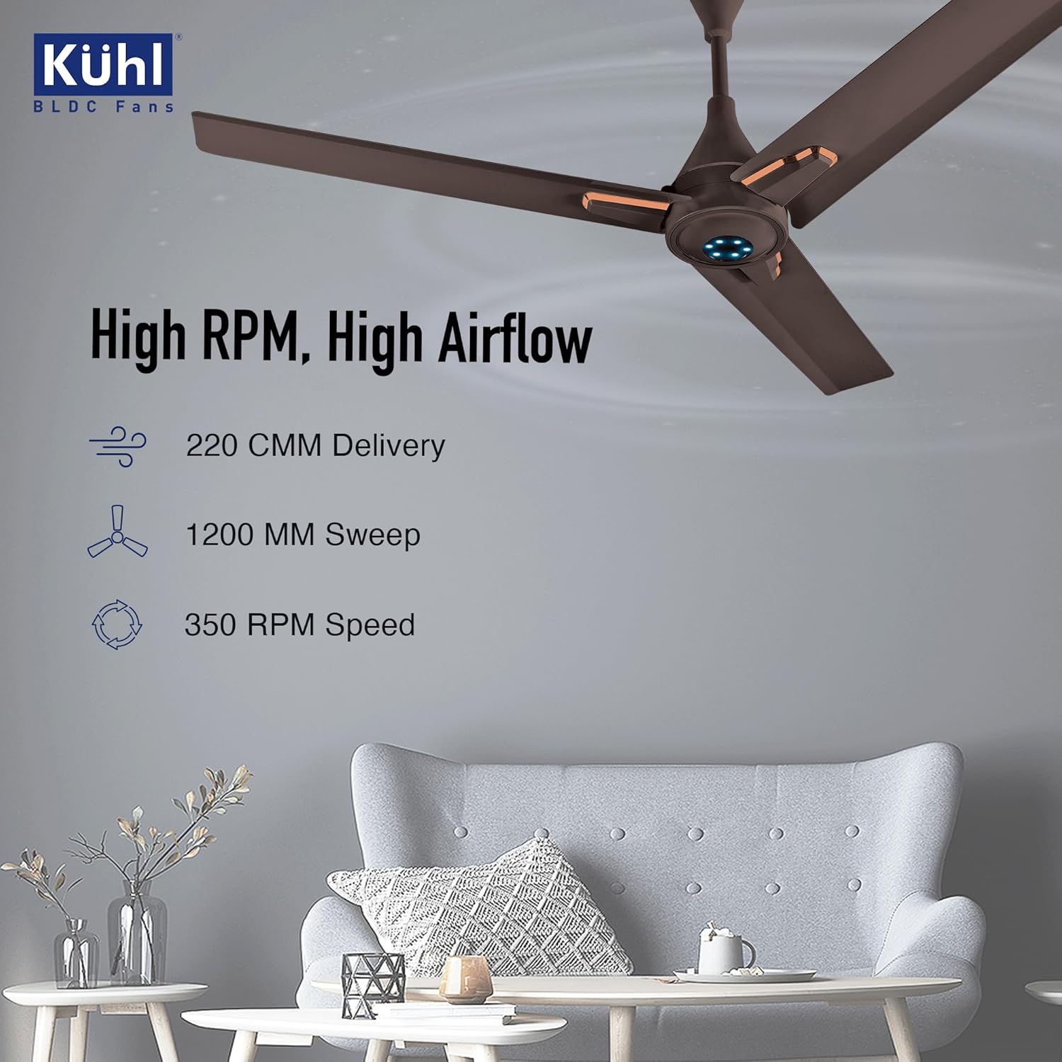 KUHL Arctis A7 1200mm BLDC Ceiling Fan with Remote | BEE 5 Star & ISI Marked | 65% Power Savings | High Air Delivery & LED Indicators