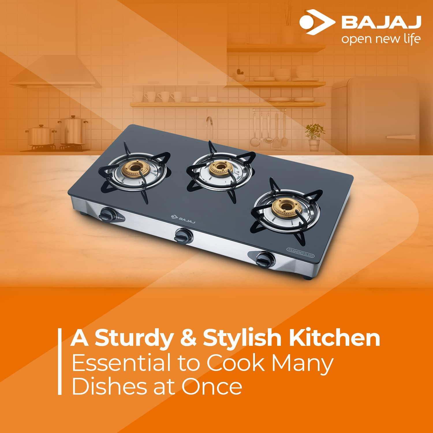 Bajaj CGX3, 3-Burner Open Stainless Steel Glass, ISI Certified, Gas Stove (Black, Manual Ignition)