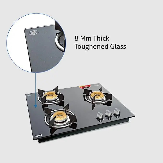 Glen 3 Burner Built in Glass Gas HobTop with italian Double Ring Brass Burners, Auto Ignition, Black (1063 RO IN HT BB)