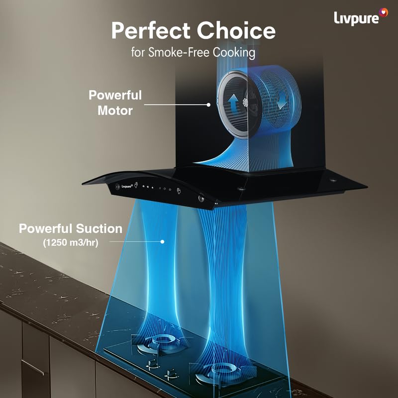 Livpure Astor 60 1250 m3/hr Curved Glass || Filterless Auto-Clean Kitchen Chimney || 10 Year Warranty On Motor (2 Year Comprehensive), (Touch And Gesture Control, Black)