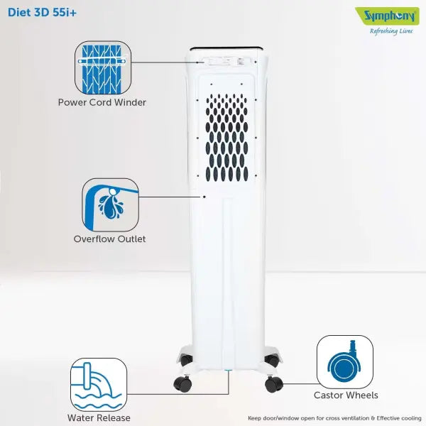 Symphony Diet 3D 55i+ Air Cooler For Home with 3-Side Honeycomb Pads, Magnetic Remote
