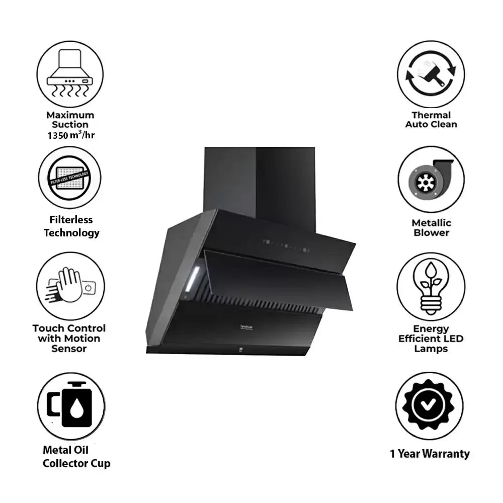 Hindware Aldina 60 cm Auto Clean Filterless Hood Wall Mounted Kitchen Chimney, Suction Capacity 1350 m³/hr - (Black)
