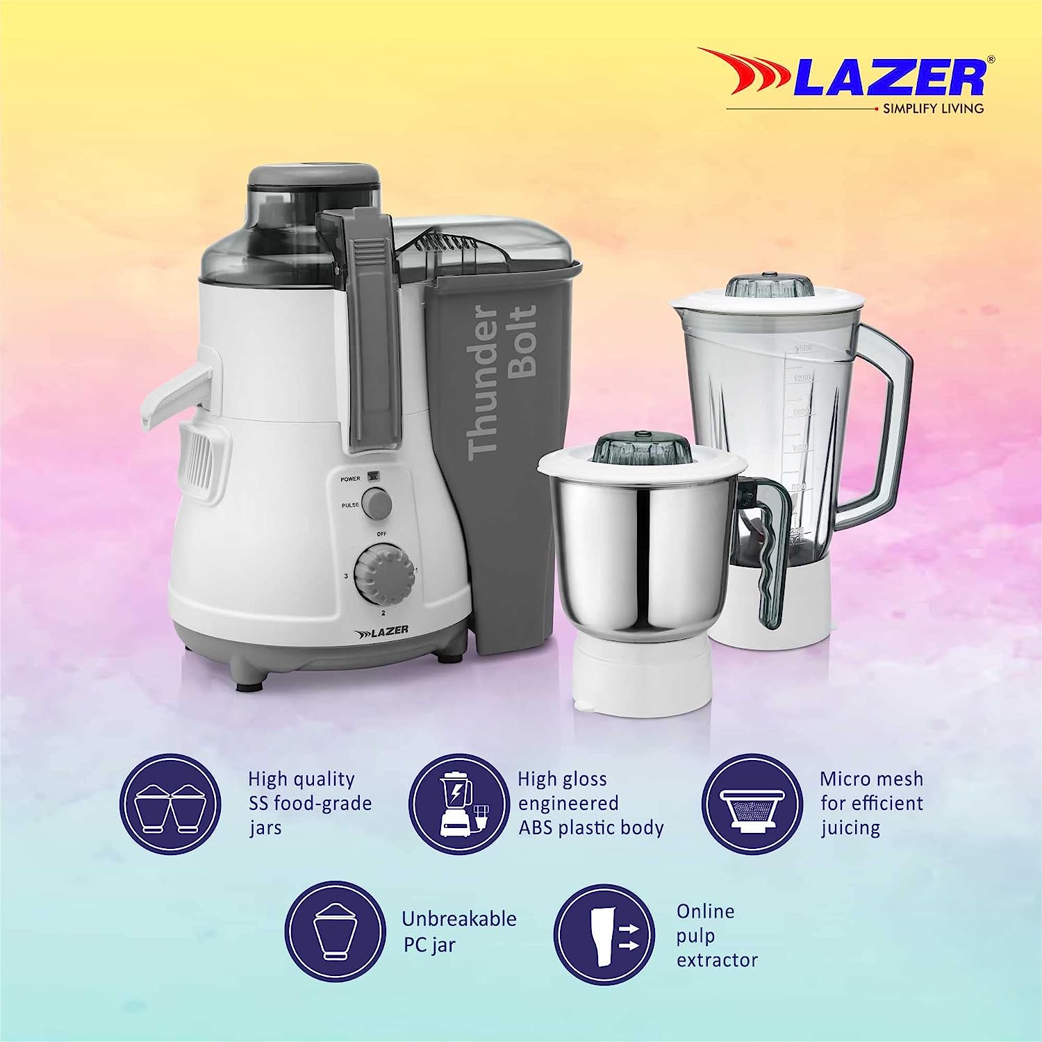Lazer Thunder Bolt 2 jars 950W Juicer Mixer Grinder (Grey White)