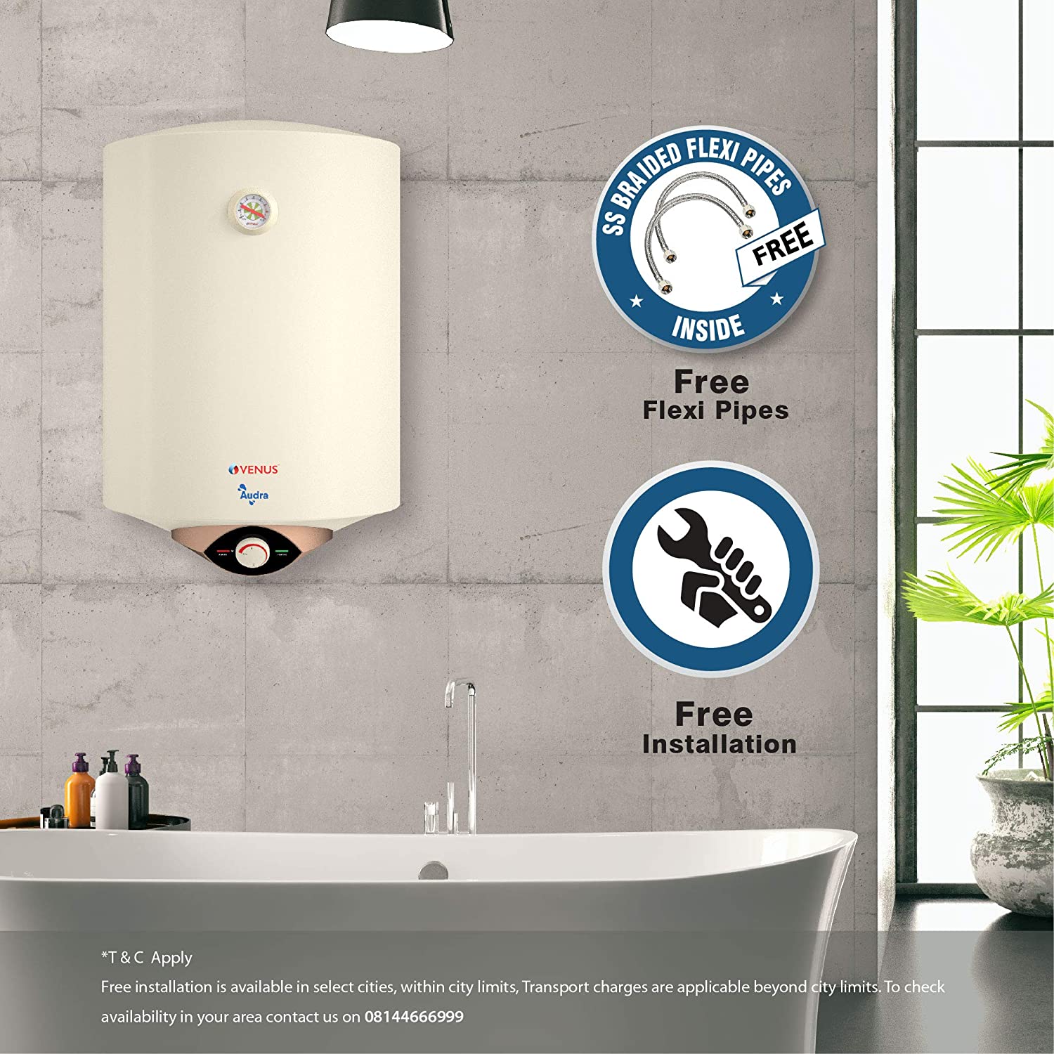 Venus Audra 15AV 15-Litre (Ivory) Water Heater, Porcelain Enamelled Glass Lined Tank, BEE Star Rating - 5 Stars:ISI, Free Flexible Hose