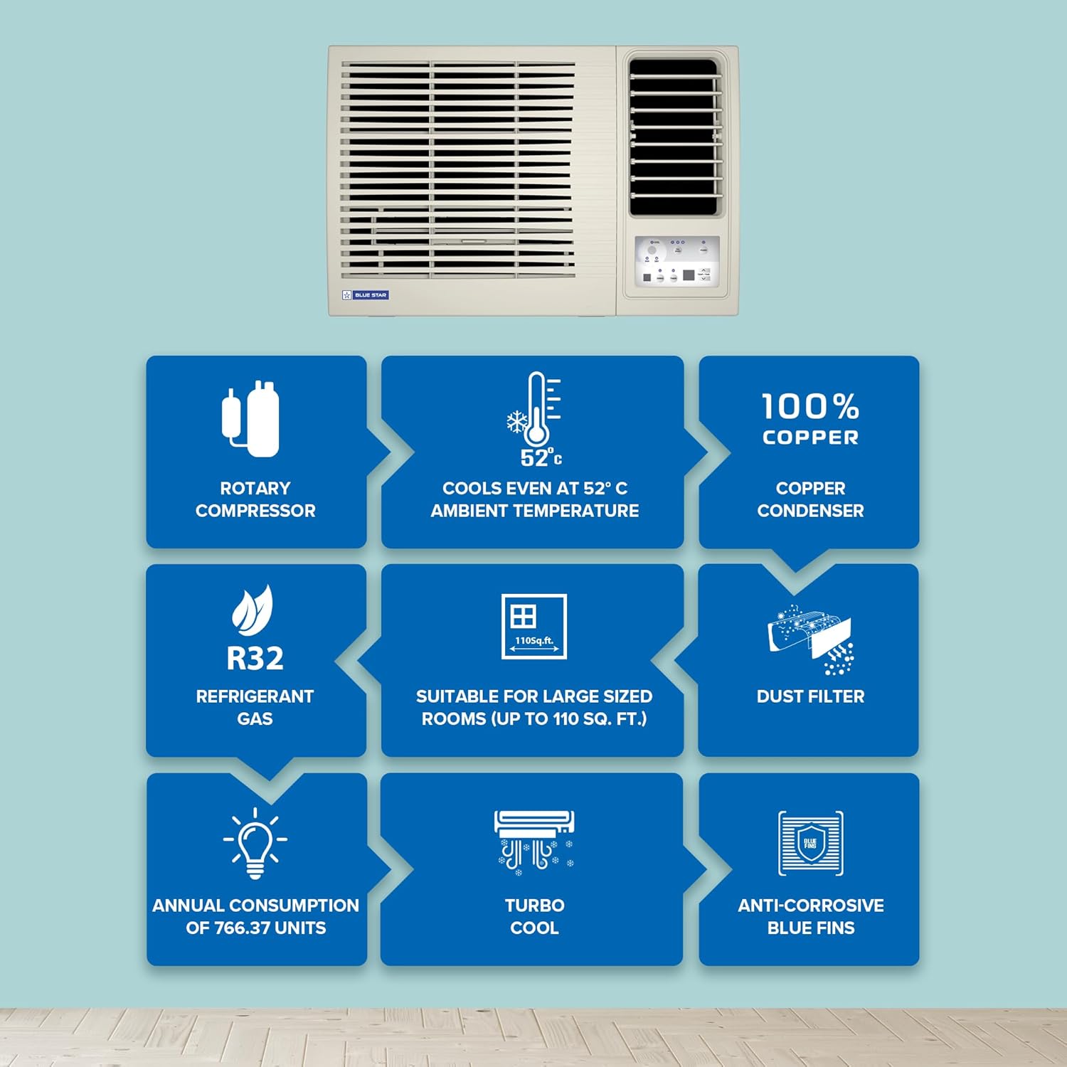 Blue Star 1T 3S Fixed Speed Window AC (Copper, Turbo Cool, Fan Modes-Auto/High/Medium/Low, Hydrophilic Blue Fins, Dust Filters, Self-Diagnosis, WFE312L)