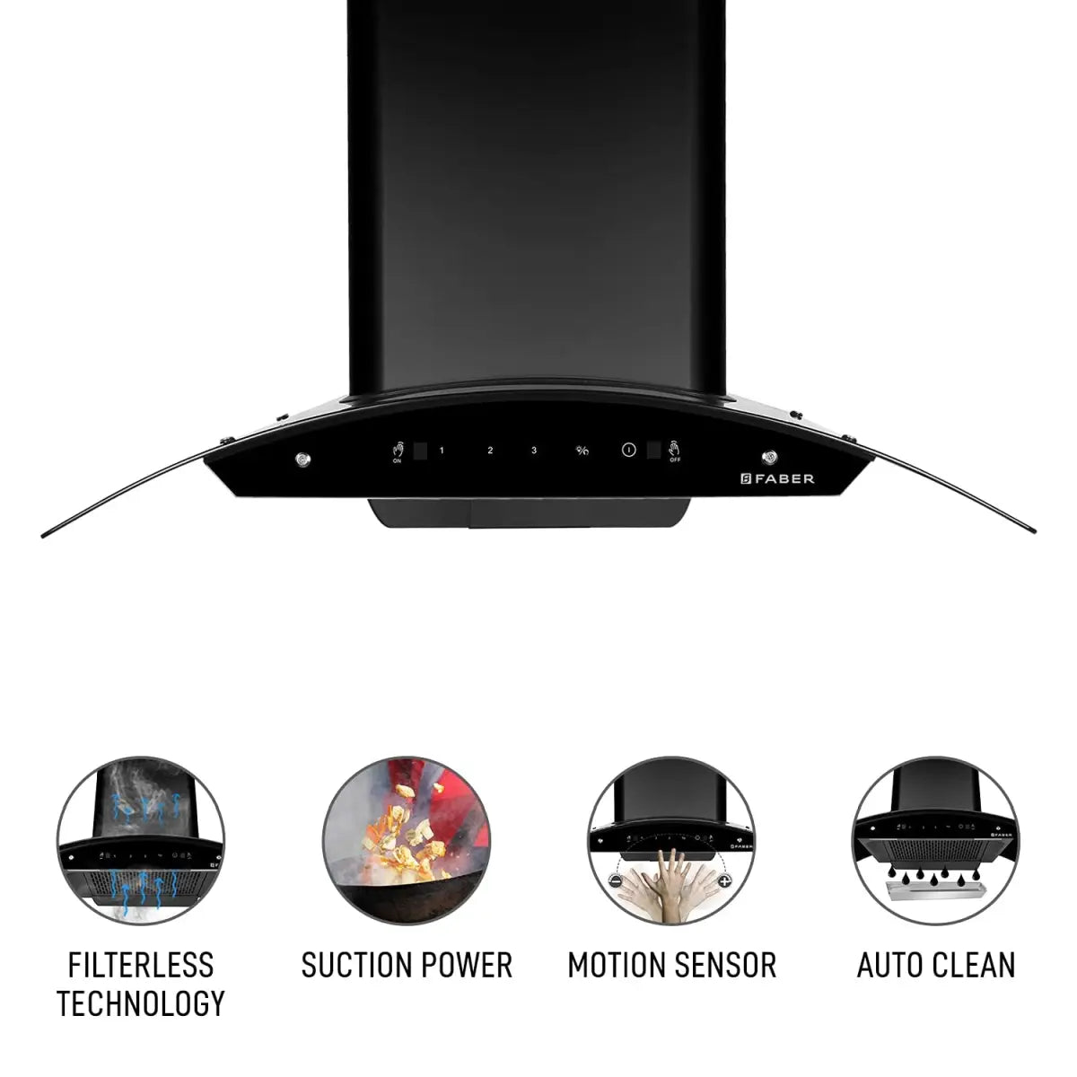 Faber 90 cm 1200 m3/hr Auto-Clean curved glass Kitchen Chimney (HOOD SUNNY HC SC 90, Filterless technology, MS TC, BK)