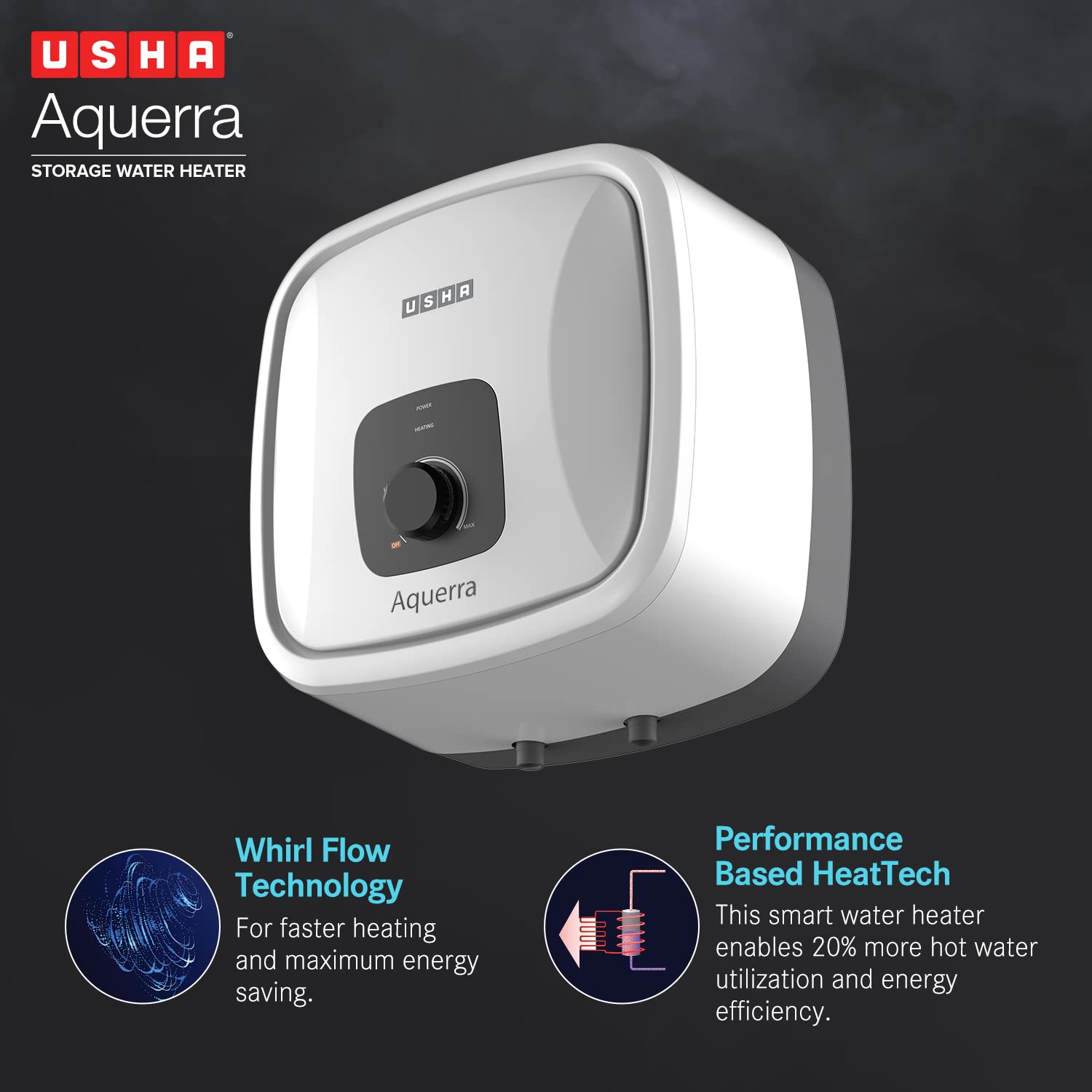 Usha Aquerra 25 Litre 5 Star Storage Water Heater (White), Wall Mounting