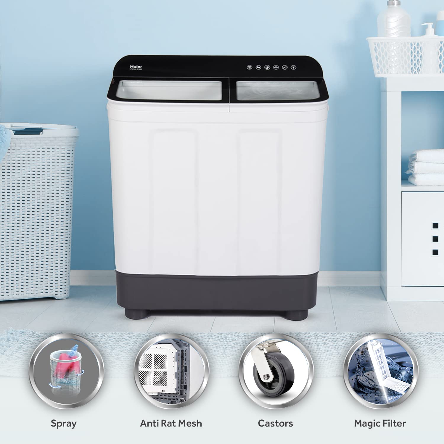 Haier 10 Kg 5 Star Anti-Bacterial Vortex Pulsator Semi Automatic Washing Machine Top Load Black (HTW100-178BK, White, Toughened Glass)
