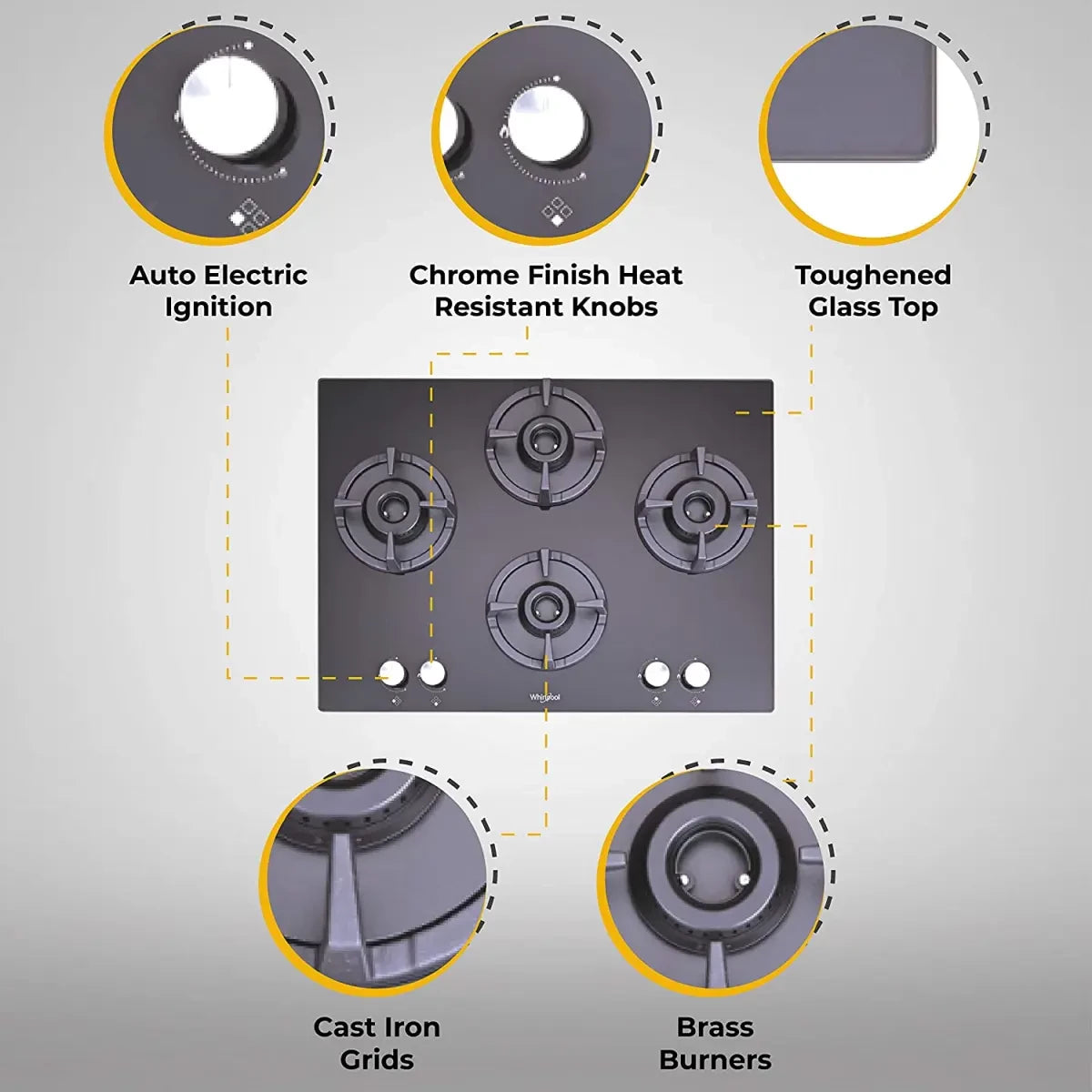 Whirlpool Hob 3 Burner Auto Ignition Gas Stove (Elite HD 703 Brass Gas Hob)