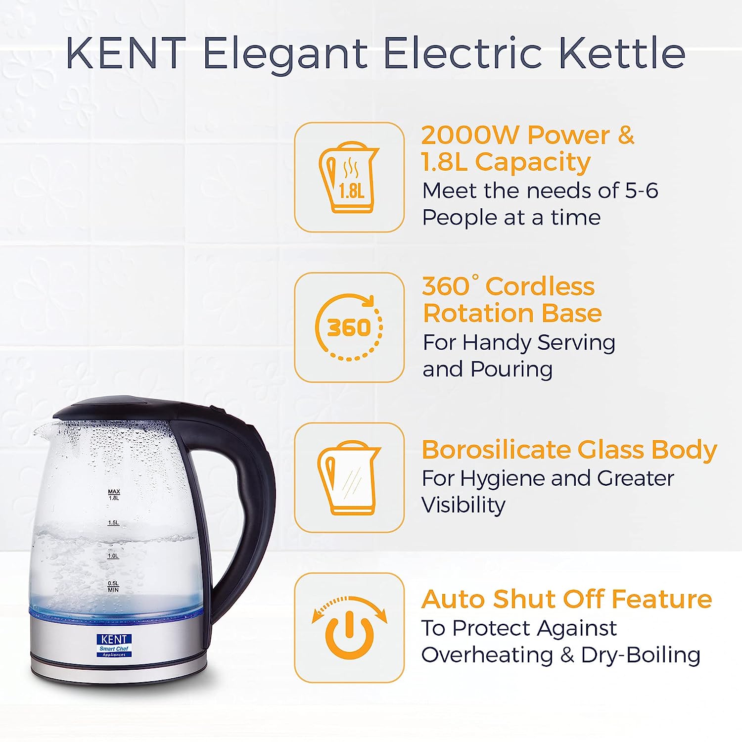 KENT 16052 Elegant Electric Glass Kettle 1.8L 2000 W