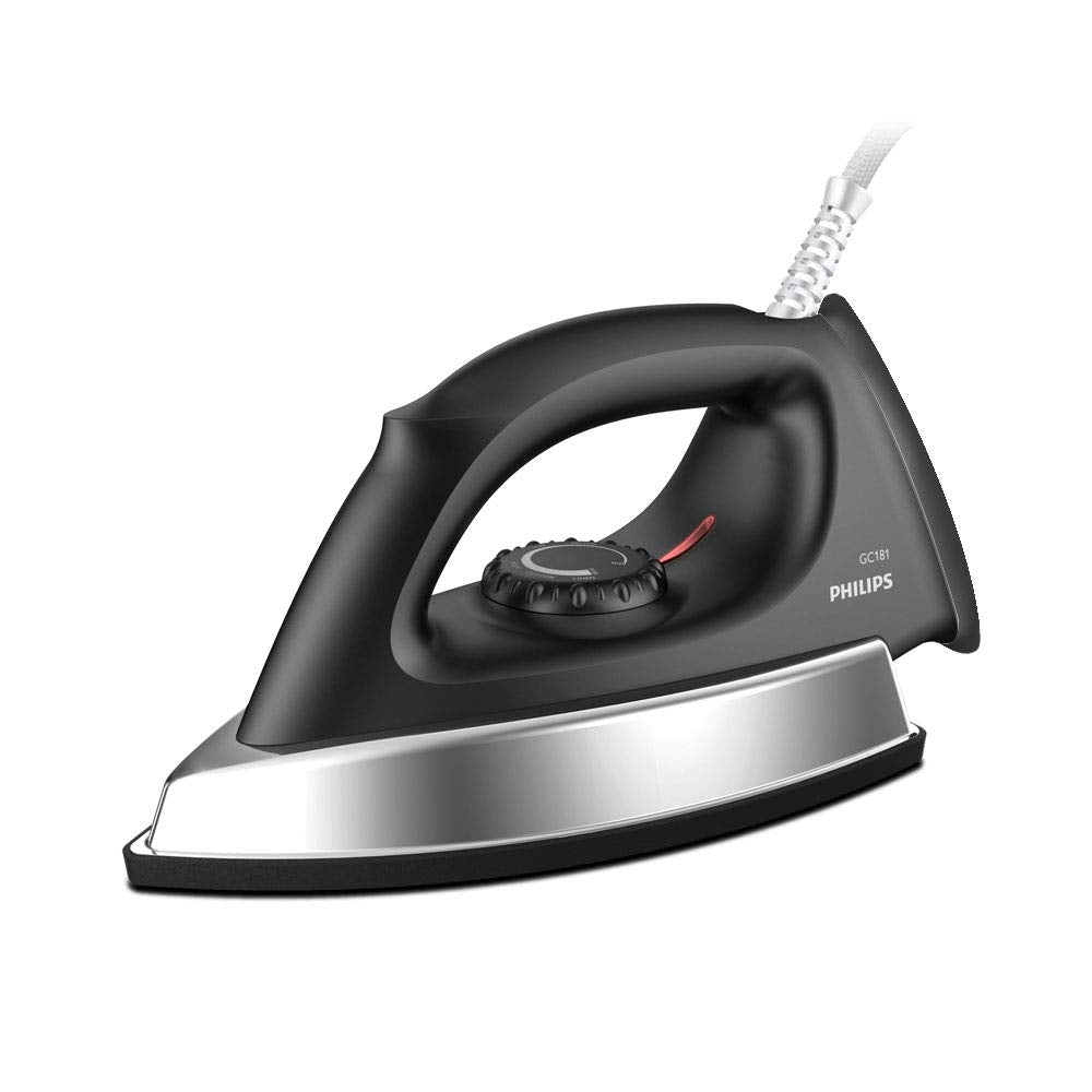 Philips GC181/80 black dry iron with silver soleplate trim, temperature dial and white cord