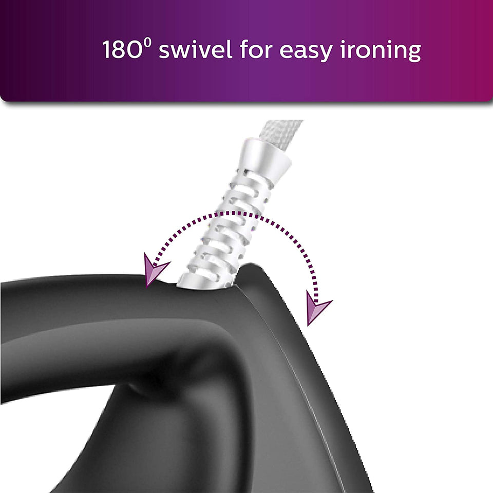 Philips GC181/80 dry iron close-up of the cord with 180 degree swivel arrows