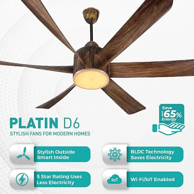 KUHL Platin D6,Teakwood, Stylish BLDC Fan| 5-Star Rated| Low Power 38W| High Air Flow |Low Noise| 6 Aerodynamic ABS Blades| Down Light |1500 mm Sweep | Operate on Remote - Mobile - Alexa |Reverse Mode