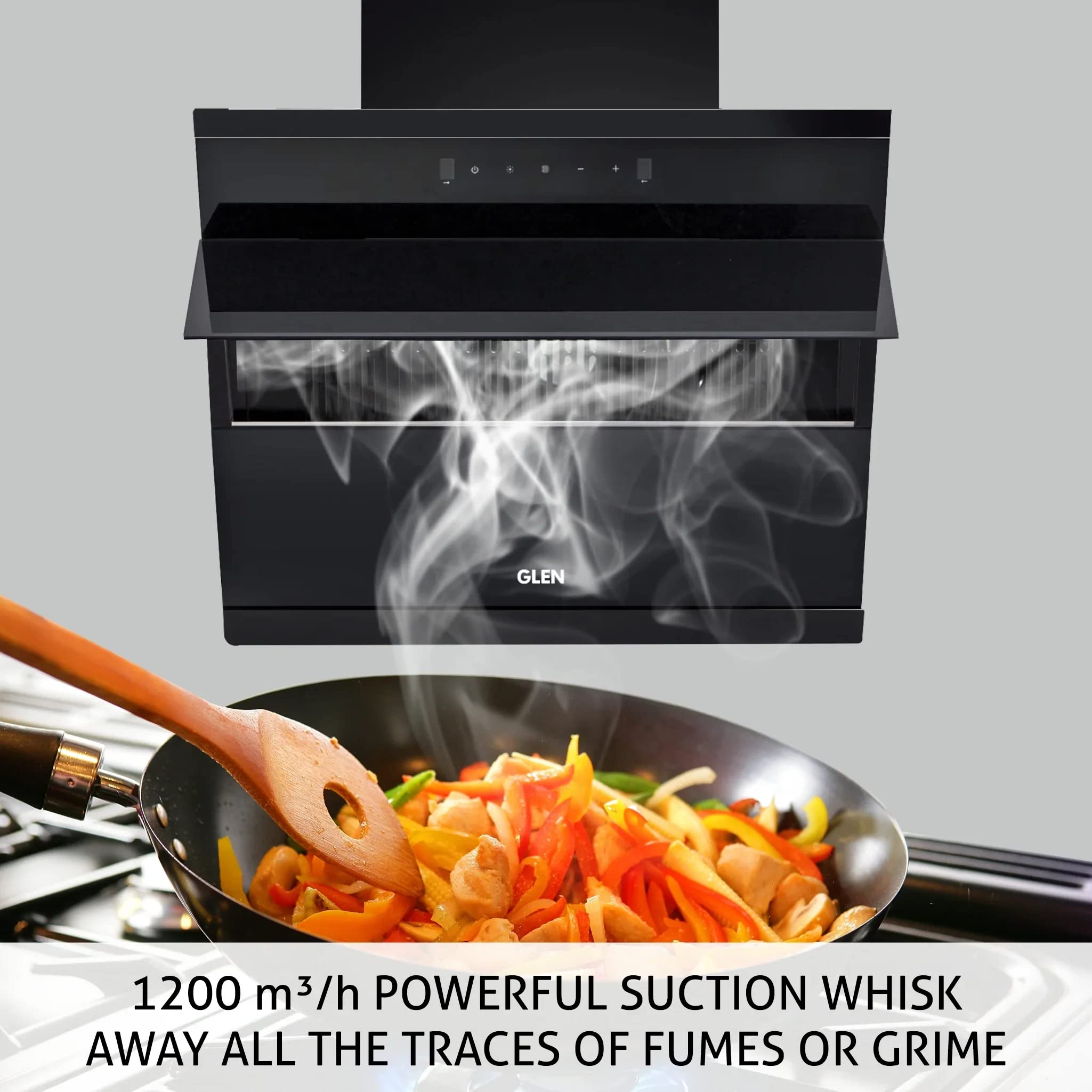 Glen Auto Clean Glass Filterless Chimney With Touch Controls With Motion Sensor, Wave And Start 1200 M3/H 90Cm, 1 Year On Product, 5 Year On Motor, Black (6073SXAC90)