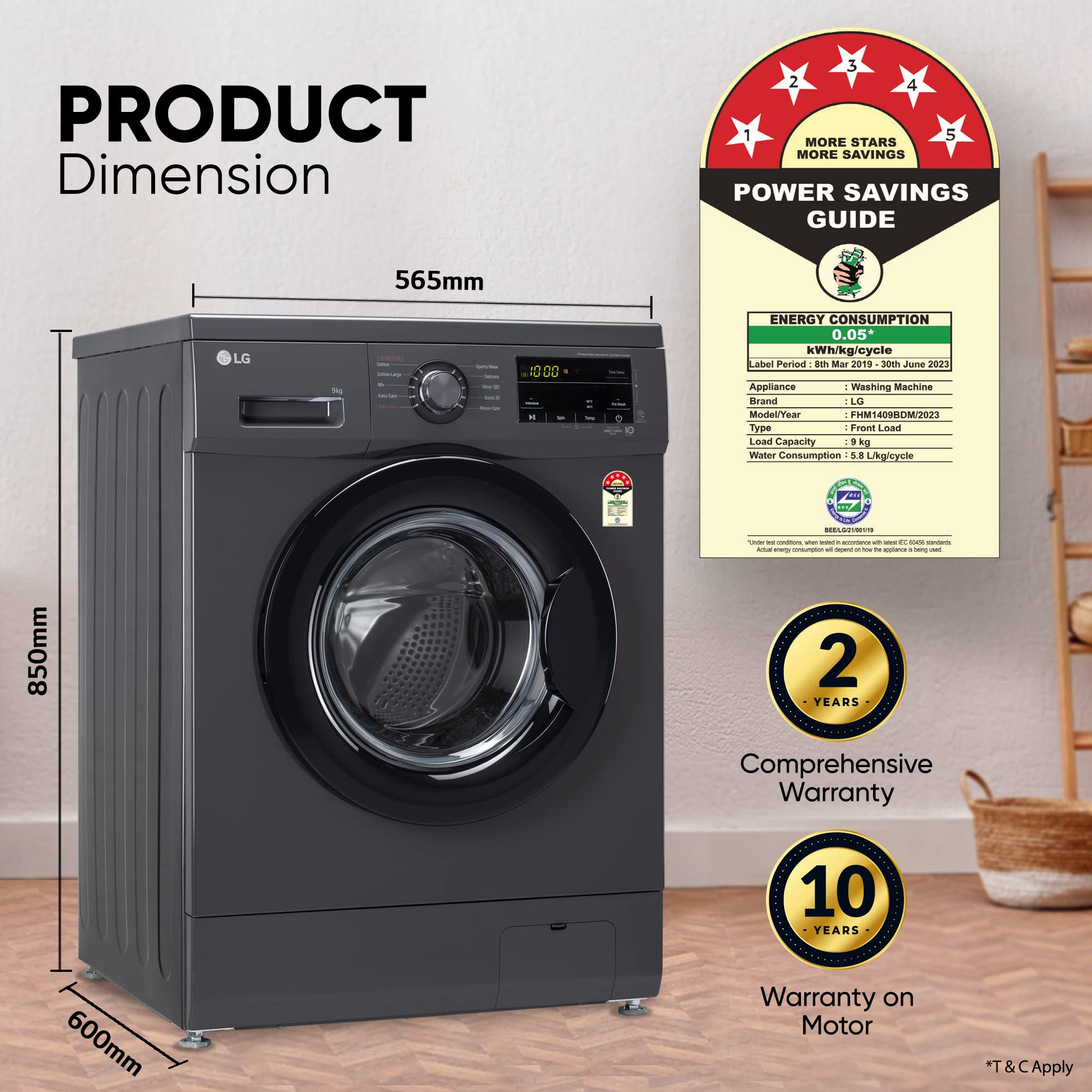 LG 9 Kg 5 Star Direct Drive Technology, Steam Wash, 6 Motion DD, Smart Diagnosis, Fully-Automatic Front Load Washing Machine (FHM1409BDM, Allergy Care, In-Built Heater, Touch Panel, Middle Bl