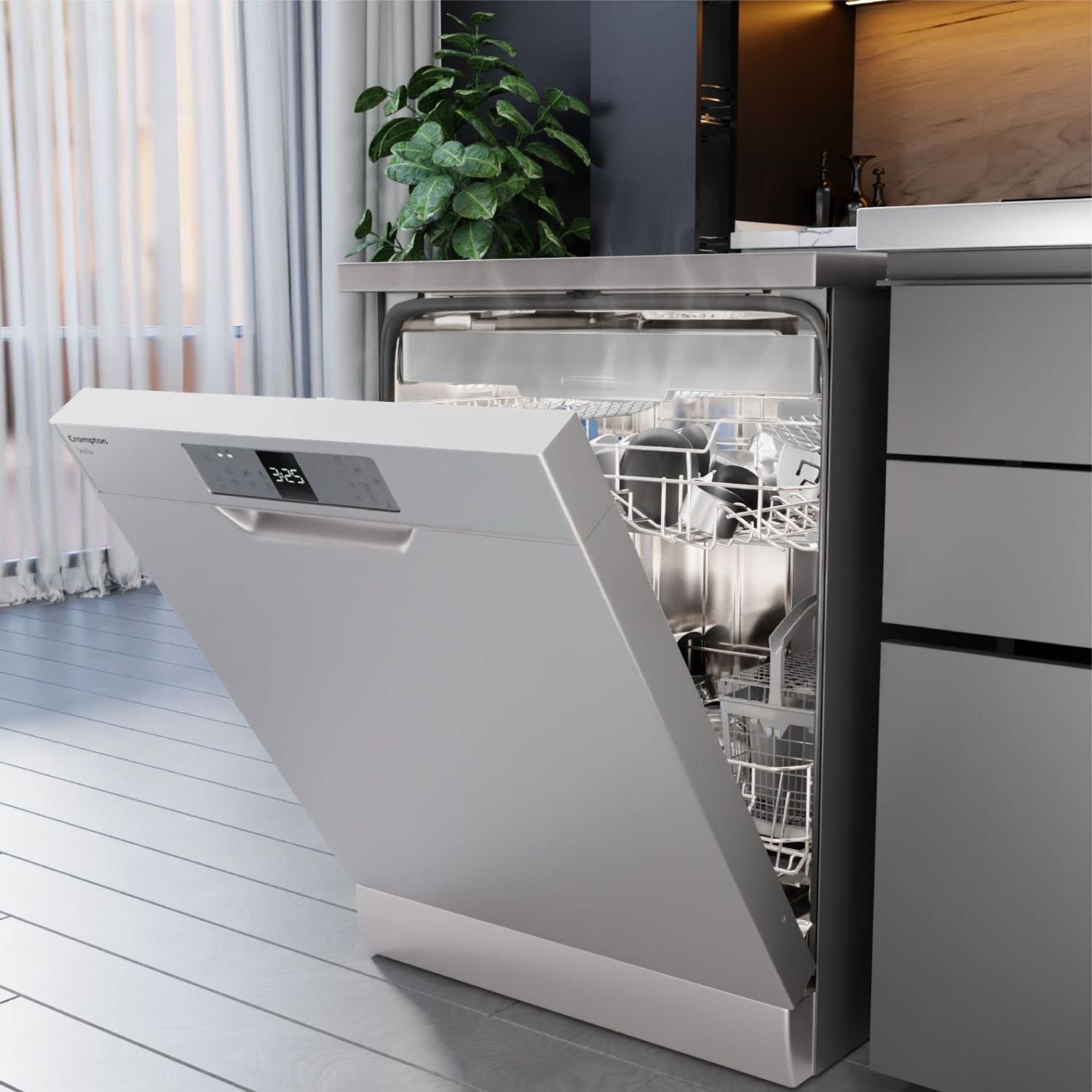 Crompton 12 Place Setting Freestanding Dishwasher with 6 Wash Programs and Super Active Drying System | Energy Saving Dishwasher with Stainless Steel Tub (Voilla 12 PS DW, Silver Inox,FS-DWVO