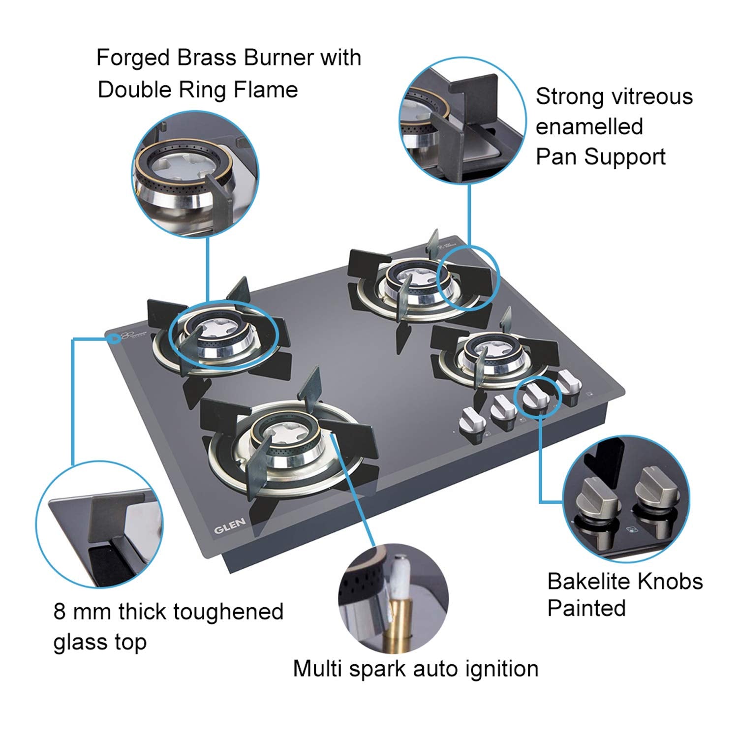 Glen Glass Top 4 Burner Gas Stove with Forged Brass Burners (BH4B60ROHTDB Cooktop, Black)