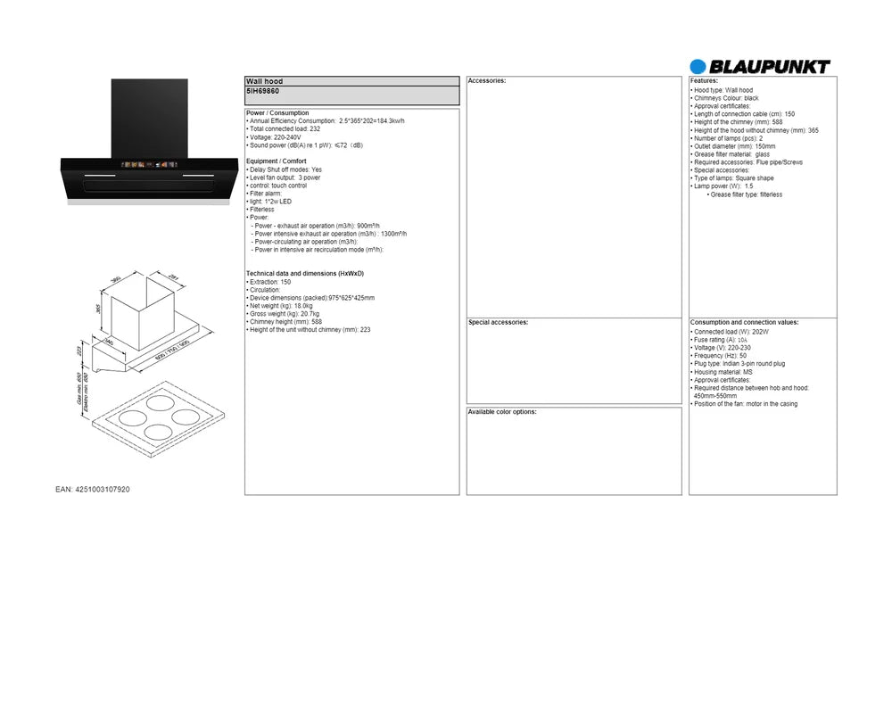 Blaupunkt 90cm Extractor Wall Hood Kitchen Chimney with Auto Clean & Filterless Design - 5IH69860