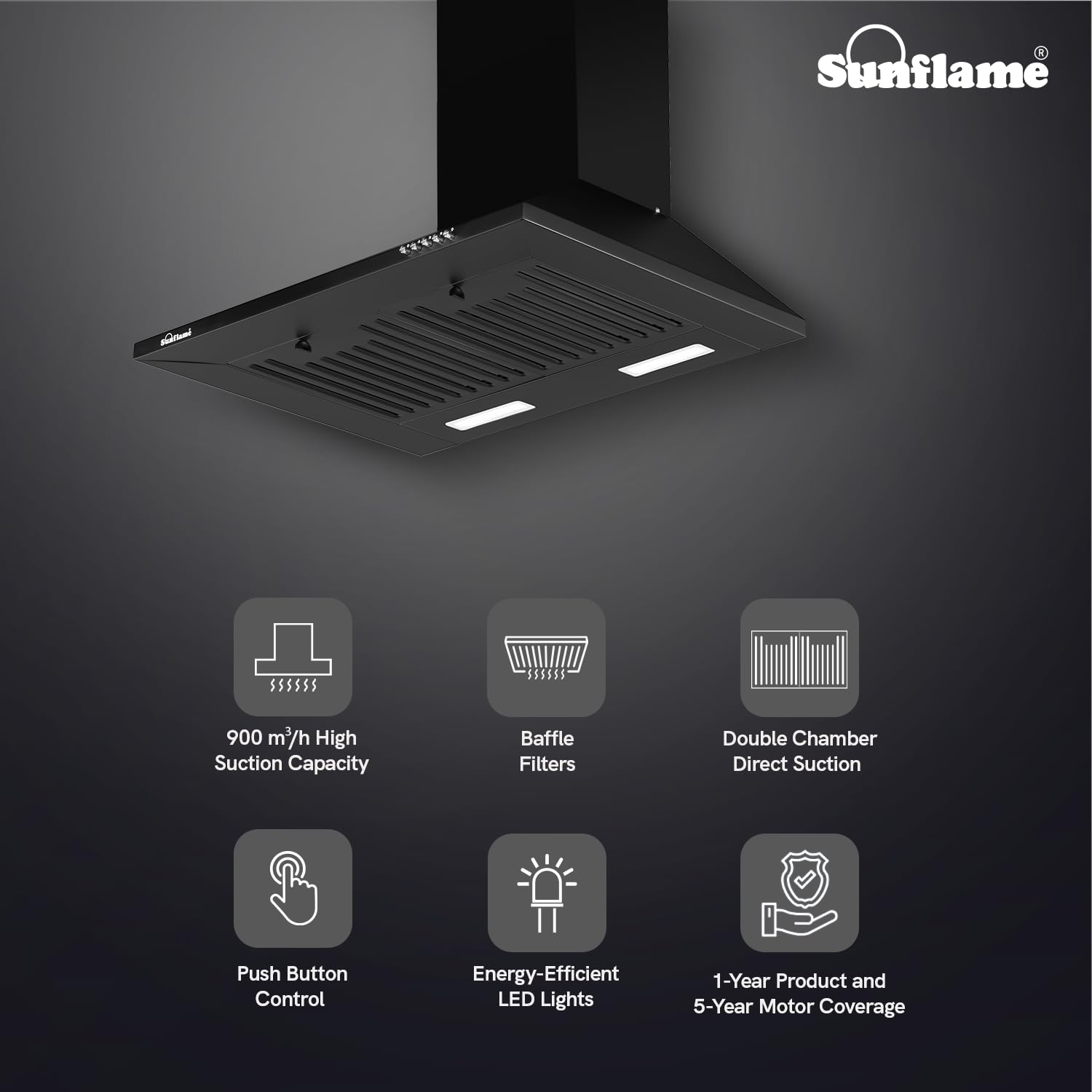 Sunflame Maleo 60 BF Kitchen Chimney | 900 m³/h Suction Capacity | 1- Year Product and 5-Year Motor Coverage | Baffle Filters | 3-Speed Exhaust Setting | Push Button Control | 60 cm