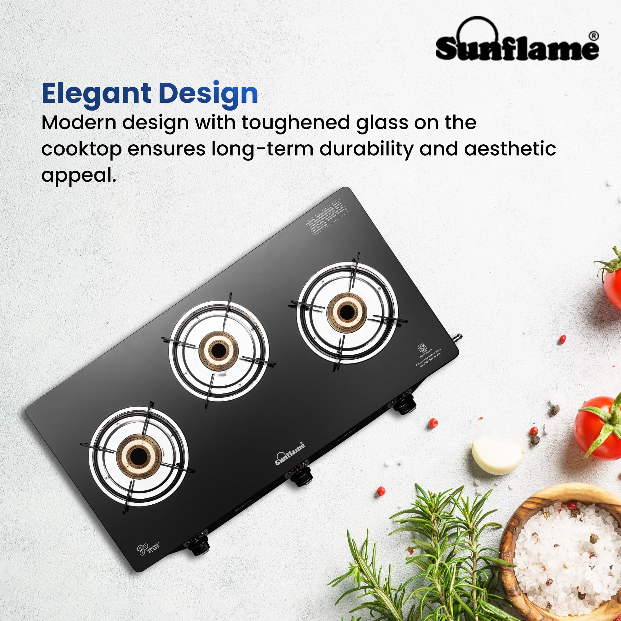 Sunflame Diamond 3 Burner Gas Stove | 1 Medium and 2 Small Brass Burners | 2-Years Product Coverage by Sunflame | Heat Resistant Ergonomic Knobs | Easy to Maintain l Toughened Glass Top