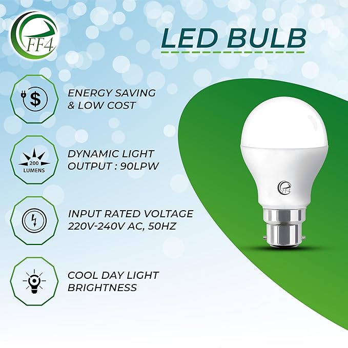eFF4 9W Energy Saving LED Light Bulb, B22 Bayonet Base, White, Round Shape