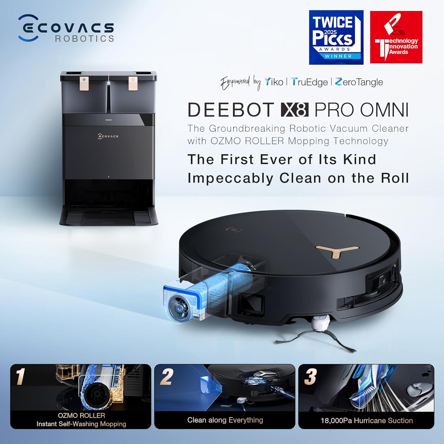 ECOVACS DEEBOT X8 PRO Vacuum and Mop, 18000Pa OZMO Roller, Self-Washing, 2-in-1 Cleaning