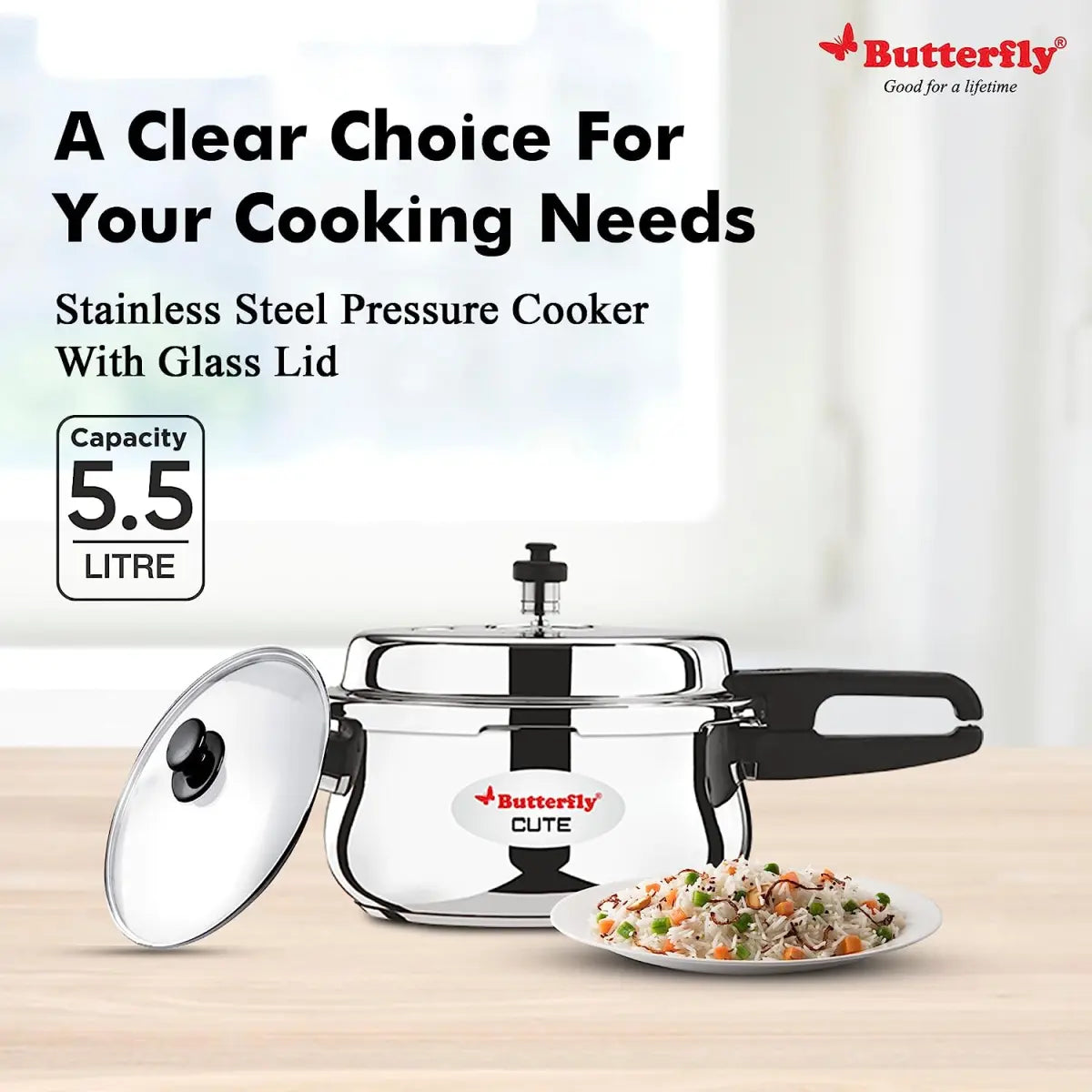 Butterfly Cute SS Induction Compatible Outer Lid Stainless Steel Pressure Cooker with Glass Lid 5.5 Ltr, Silver
