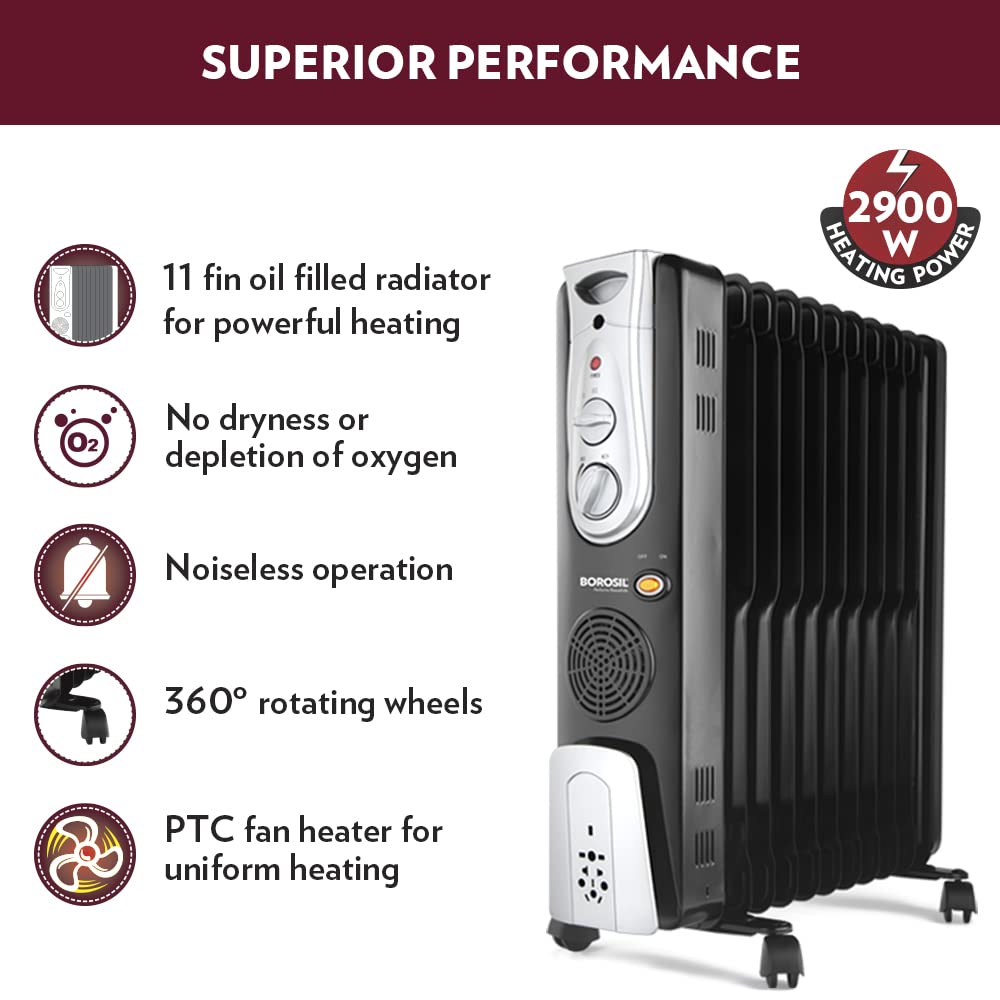Borosil Volcano 13 Fin Oil Room Heater 2900 Watt Black