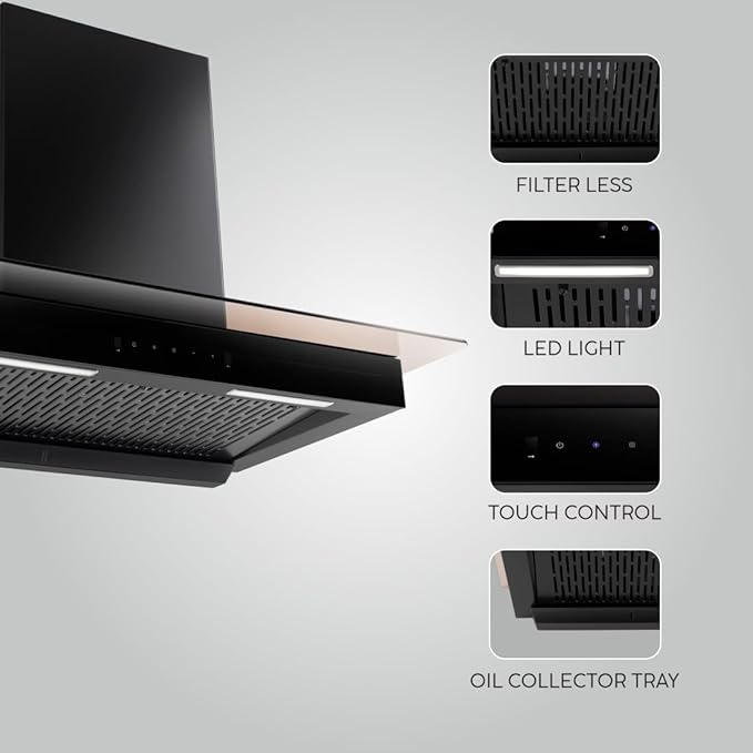 GLEN 90 cm 1400m3/hr Auto-Clean Filterless Wall Mounted Kitchen Chimney With Motion Sensor+Touch Controls (Selena XL Black)