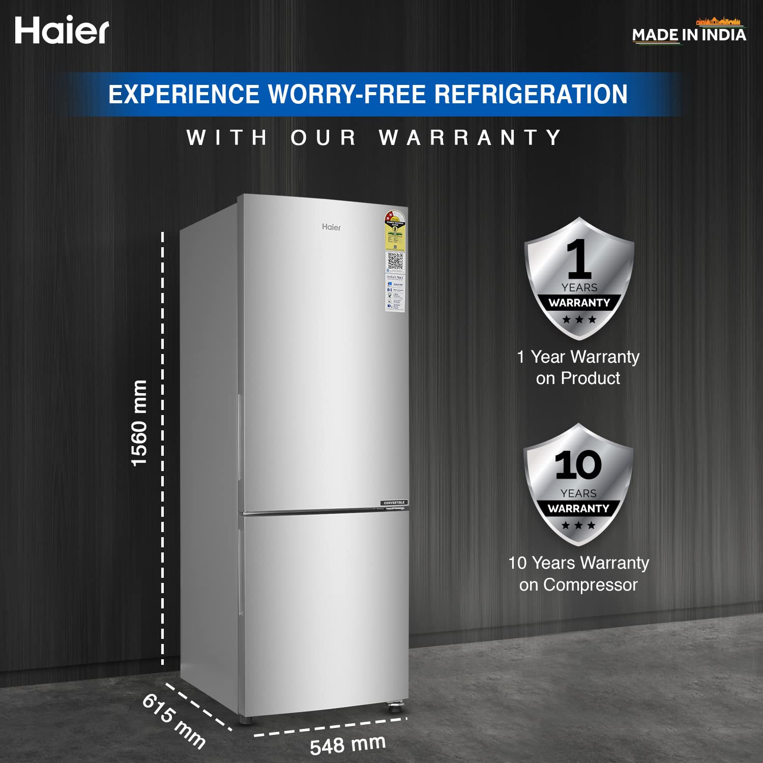 Haier 237L 2 Star Frost Free Double Door Bottom Mount Refrigerator (HEB-242GS-P, Moon Silver,Convertible)