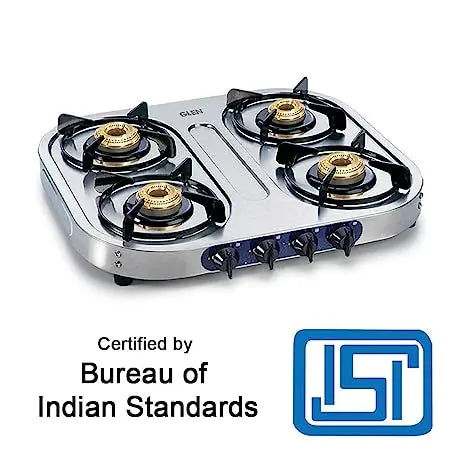 Glen 4 Burner Stainless Steel Gas Stove 1 High Flame 3 Brass Burners 2 year warranty (1044 HF)