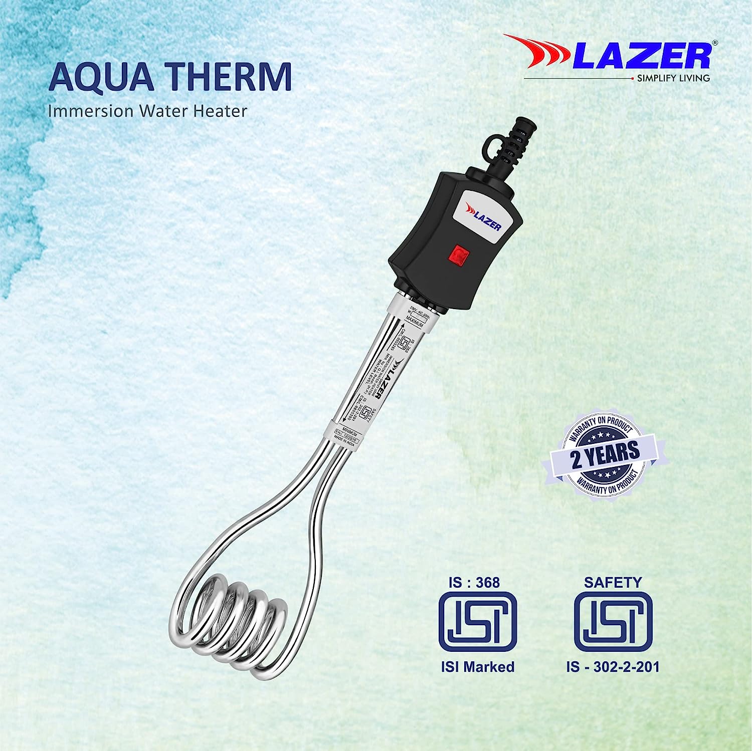 Lazer Aqua Therm ISI Certified 1000 Watts Copper Shockproof Bakelite Body Immersion Rod Water Heater (Black)
