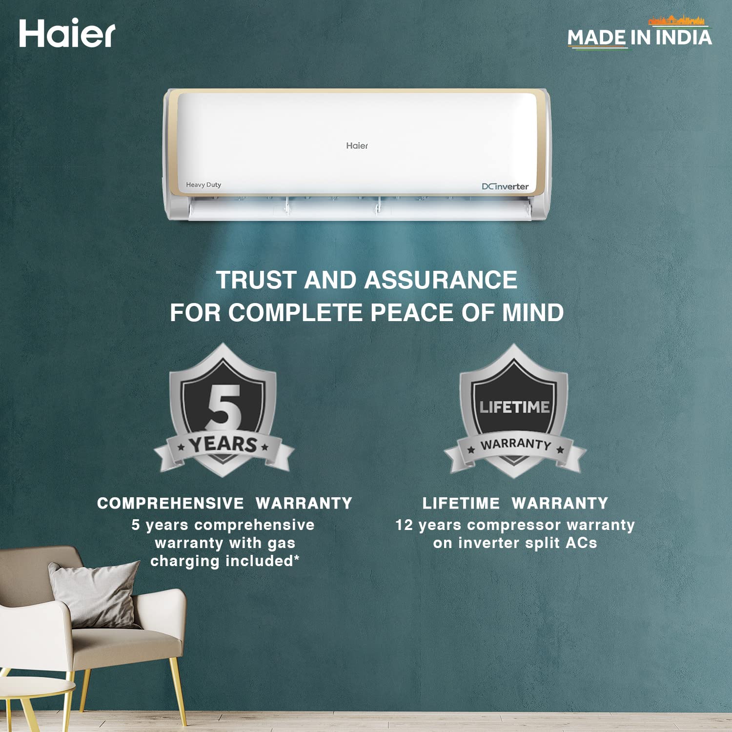 Haier 1.6 Ton 5 Star Inverter Split AC (Copper, Convertible 7 in 1 Cooling Modes, Antibacterial Filter,2023 Model, HSU19E-TXG5BE-INV, White)