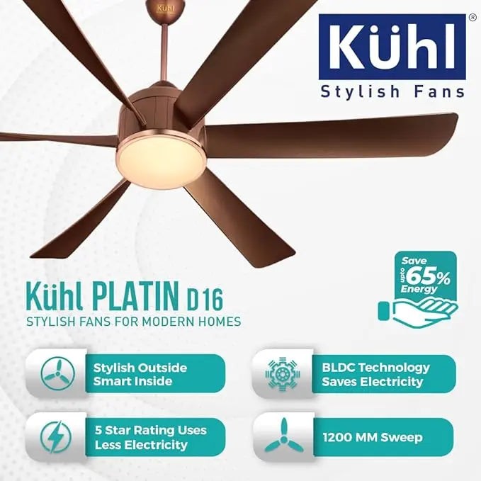 KUHL Platin D16 Stylish BLDC Fan | Low Power 30W | High Air Flow | 6 Aerodynamic ABS Blades | Low Noise | Down Light | 1200 mm sweep | Operate on Remote-Mobile-Alexa | Reverse Mode |5 Star Rated Brown