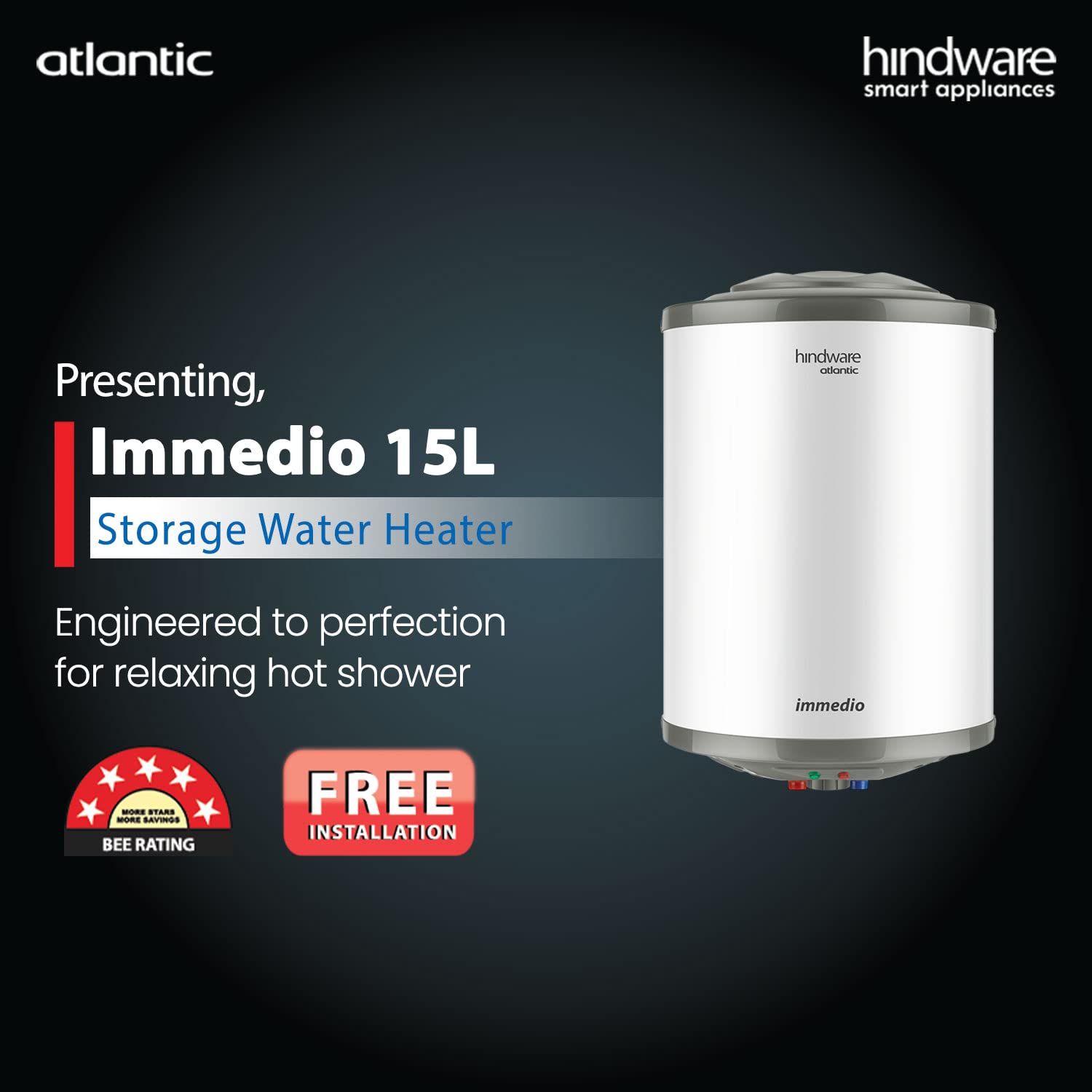 Hindware Atlantic Immedioâ  15L Water Heater, Wall Mounting, White & Grey