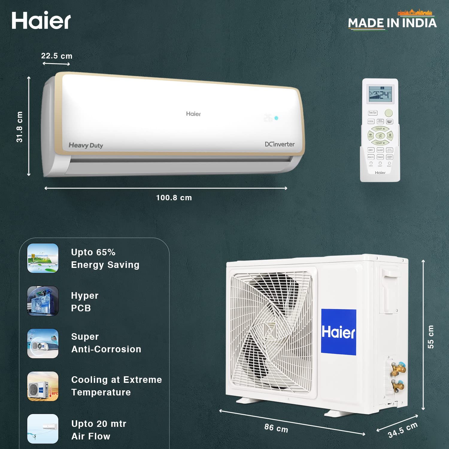 Haier 1.6 Ton 5 Star Inverter Split AC (Copper, Convertible 7 in 1 Cooling Modes, Antibacterial Filter,2023 Model, HSU19E-TXG5BE-INV, White)
