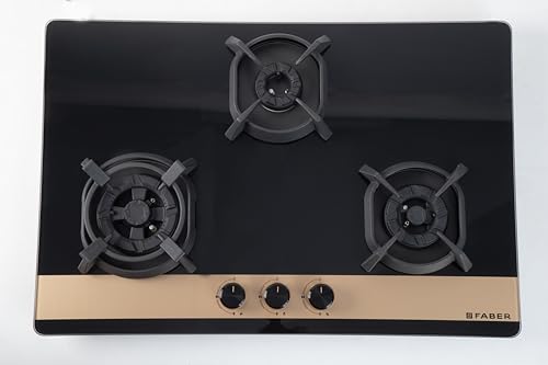 Faber 78cm 3Burner Gas Hob | Flame Failure Device | Cast Iron Pan Support | Metal Knobs | Dual Flame Burner | 8mm Toughened Black Glass | Versatile Hob/Cooktop | Hob Utopia Pro HT 783 BR CI