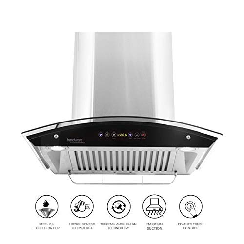 Hindware Oasis 60 Cm Wall Mounted Chimney For Kitchen, Auto Clean With Motion Sensor Control Black Hood 1200 M3/Hr (SS Baffle Filter, Touch Control)