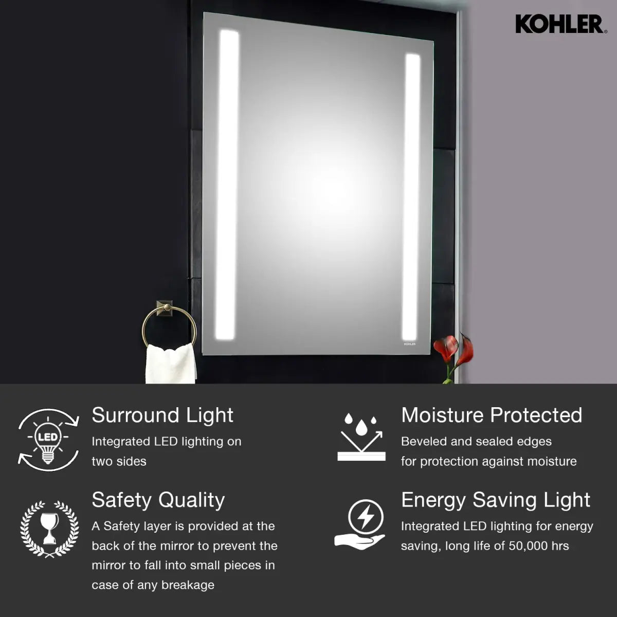 Kohler K-22928IN-NA Vitality Rectangular Light Mirror for Bathroom 762mm