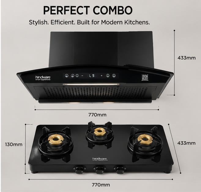 Hindware Divina BLDC 60 Chimney + Alverio 3 Burner Auto Ignition Cooktop Combo