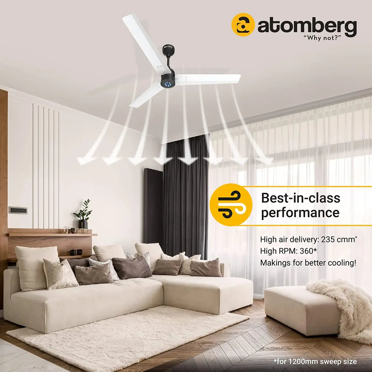 atomberg கொரில்லா ரெனேசா 1200மிமீ BLDC மோட்டார் ரிமோட் 3 பிளேடு எனர்ஜி சேவிங் சீலிங் ஃபேன் (வெள்ளை மற்றும் கருப்பு) 
