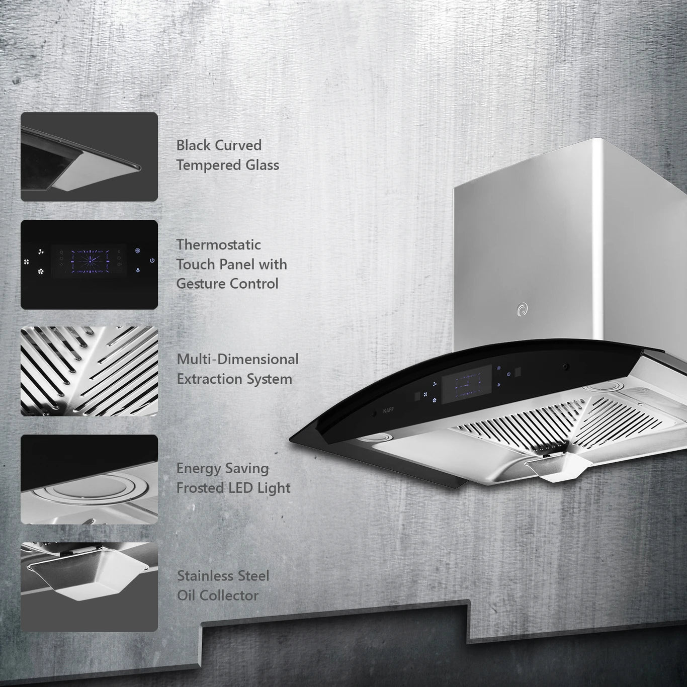 Kaff STELLA DHC 90 SS Auto Clean Wall Mount Chimney - 1180 CMH, SS