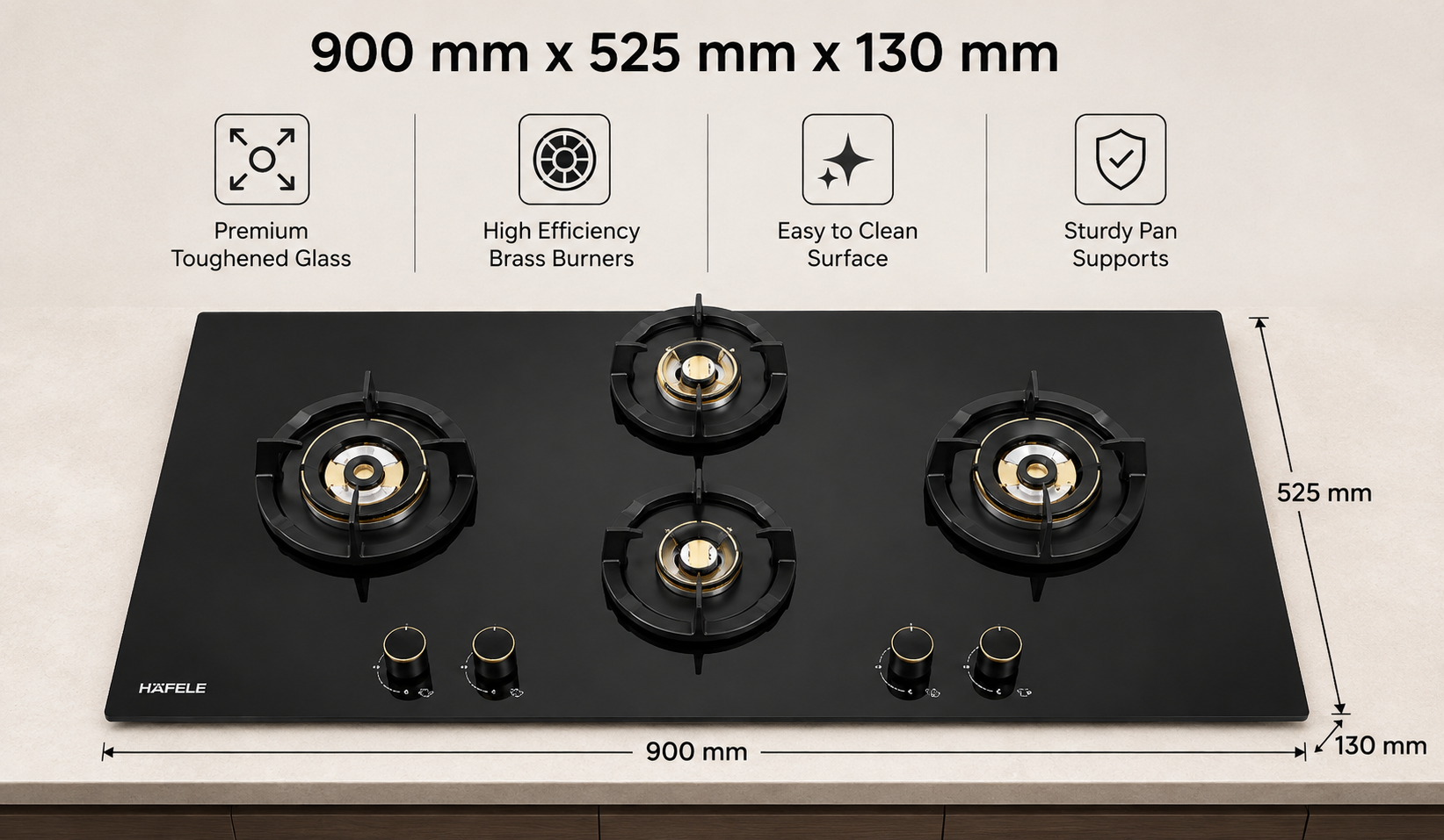 Hafele Augusta 360 60cm 3 Burner Built-in Gas Hob | Full Brass Burners