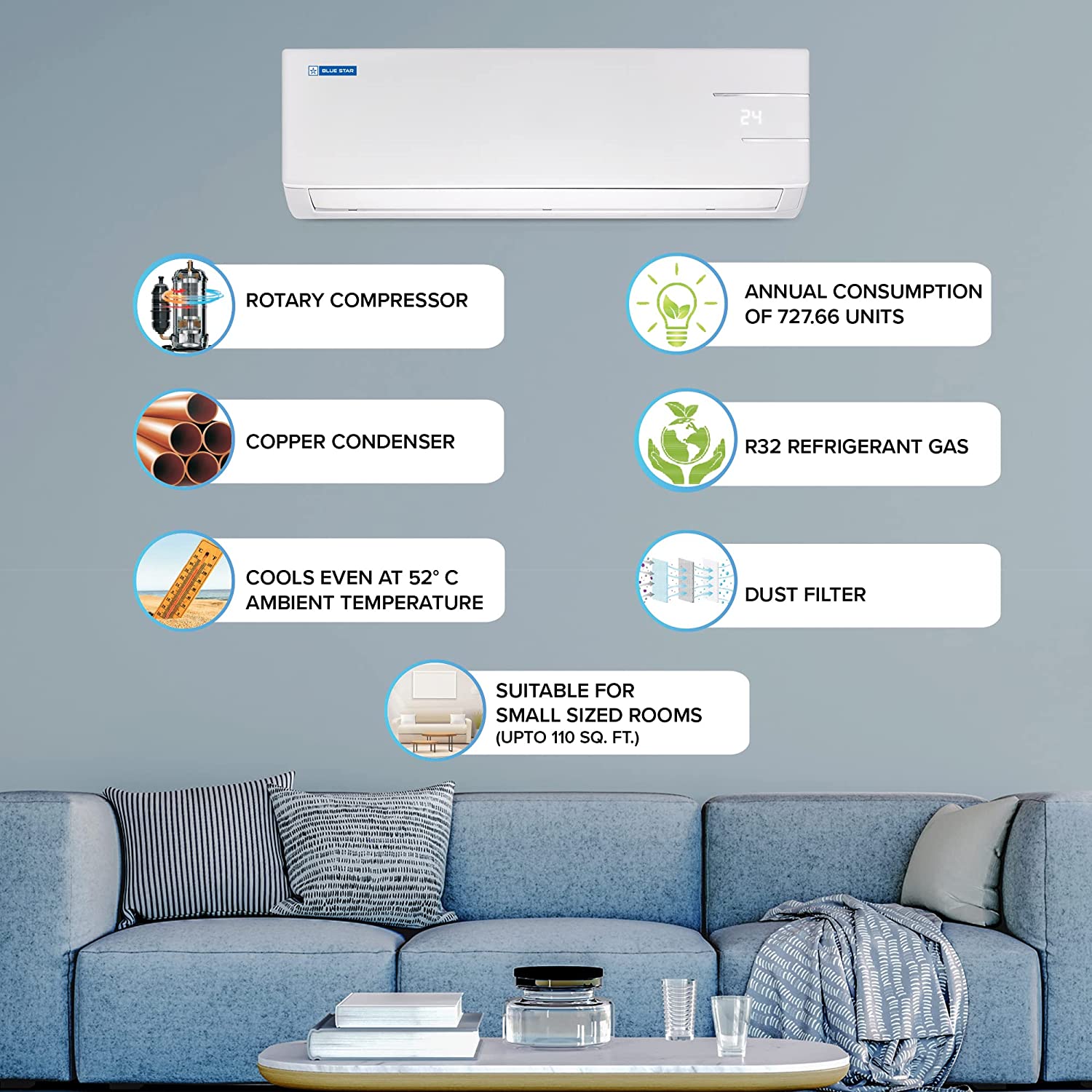 Blue Star 1 Ton 2 Star Fixed Speed Split AC (Copper, Anti Corrosive Gold Fins, Dry Mode, Eco Mode, Hidden Display, Self Diagnosis, Stabiliser Free Operation, Turbo Cool, 2023 Model, FA212YNU,White)