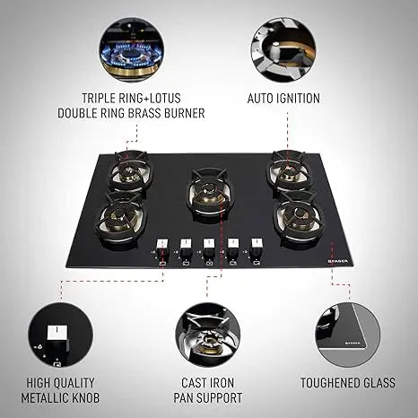 Faber Mild Steel Hobtop Nexus Ht905 Crs Br Ci 5 Brass Burner Auto Electric Ignition Glass Top (Black)