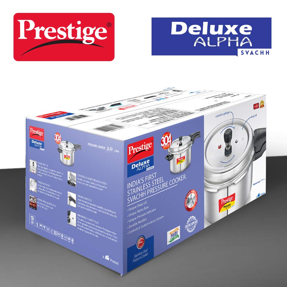 Prestige Svachh Deluxe Alpha 2.0 Litre Stainless Steel Pressure Cookers, Silver