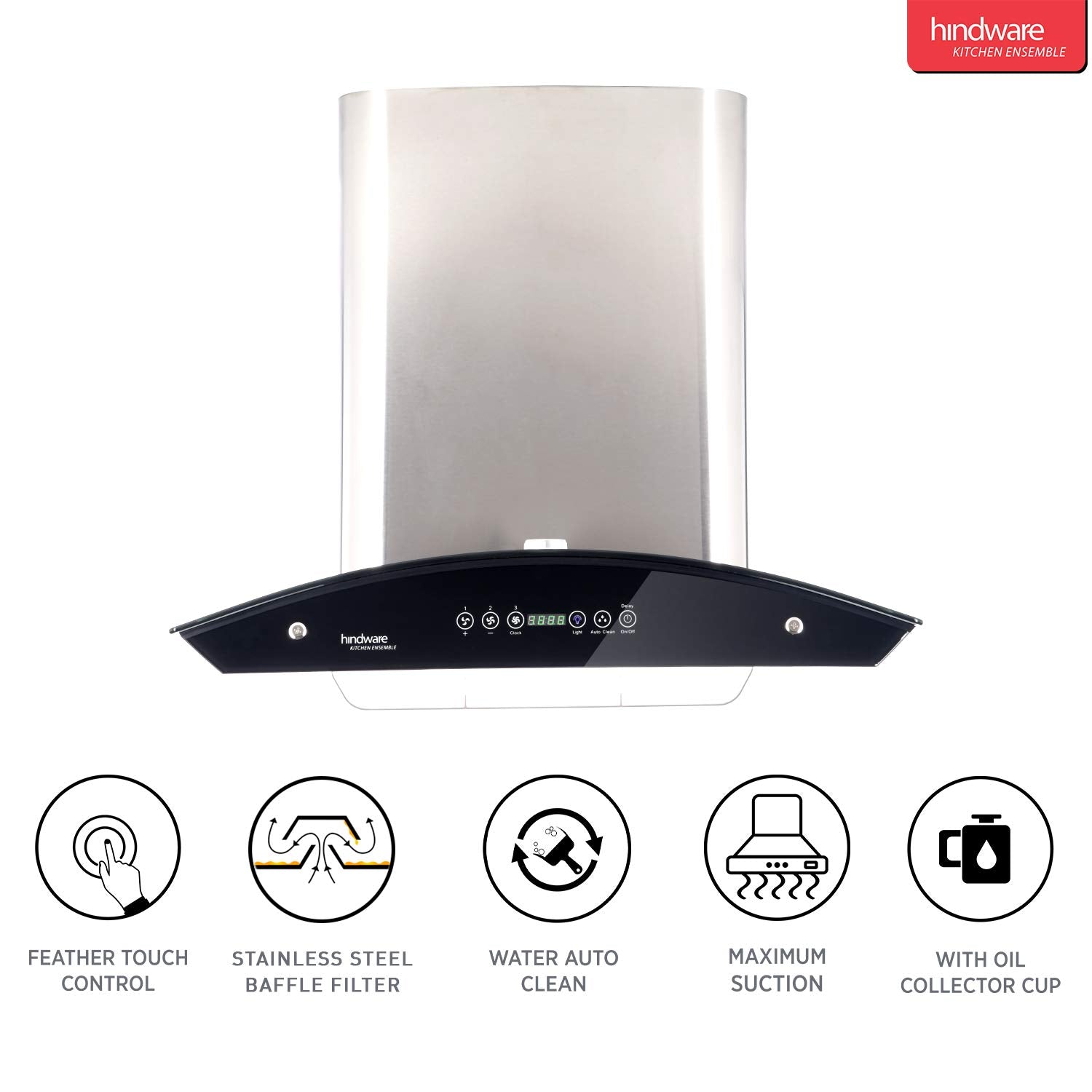 Hindware 60cm 1200 m3/hr Auto Clean Chimney (Cleo 60, 1 Baffle Filter, Steel/Grey)